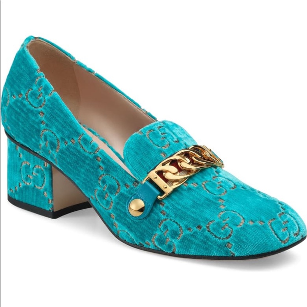 Gucci Sylvie Loafer Velvet Pumps Blue GG